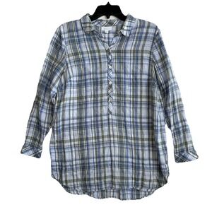 J Jill‎ Love Linen Top Womens Size M Long Sleeve Plaid Button Popover Lagenlook